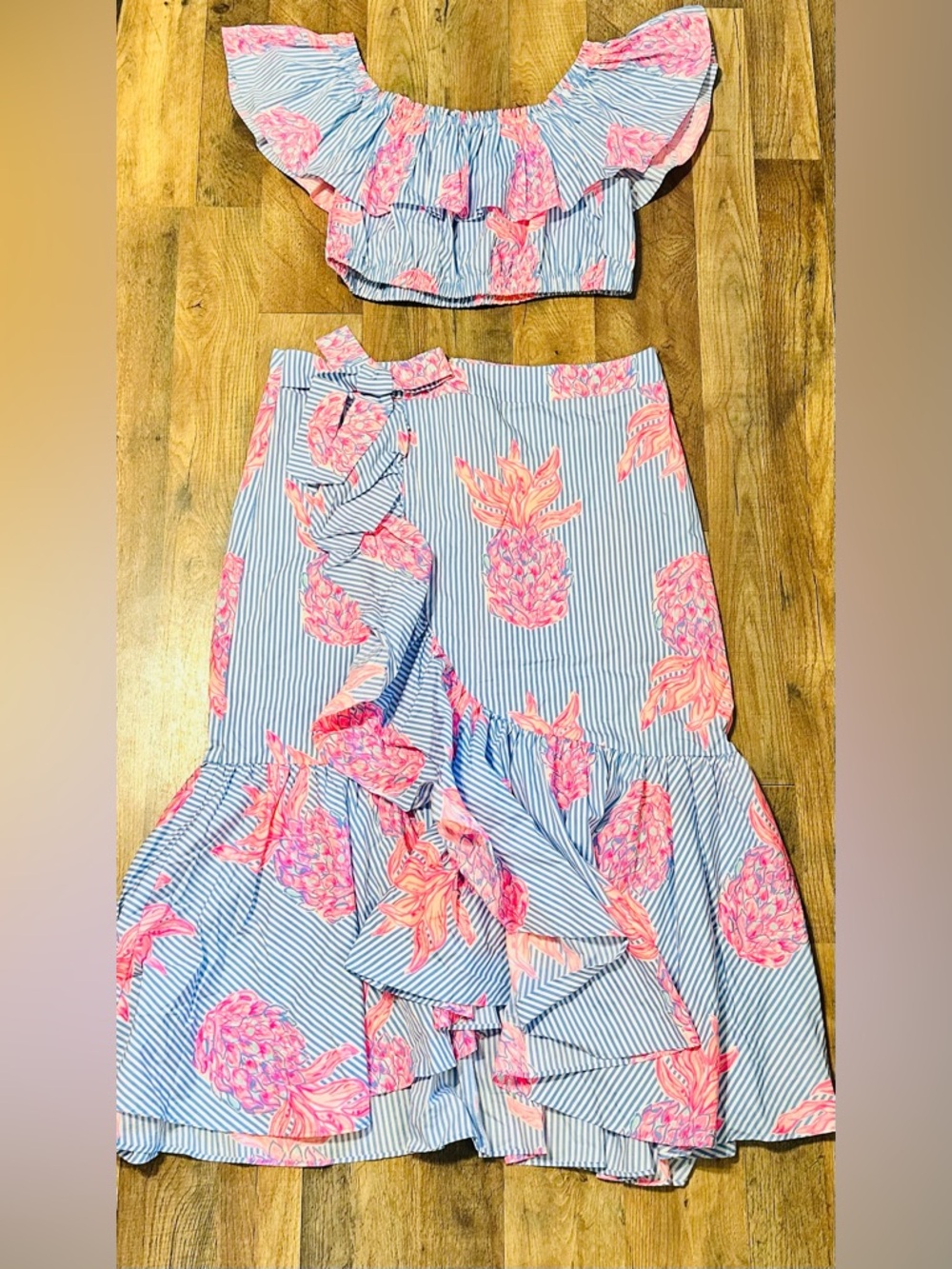 Lilly Pulitzer Blue and Pink Pineapple Ruffle High-Low Skirt